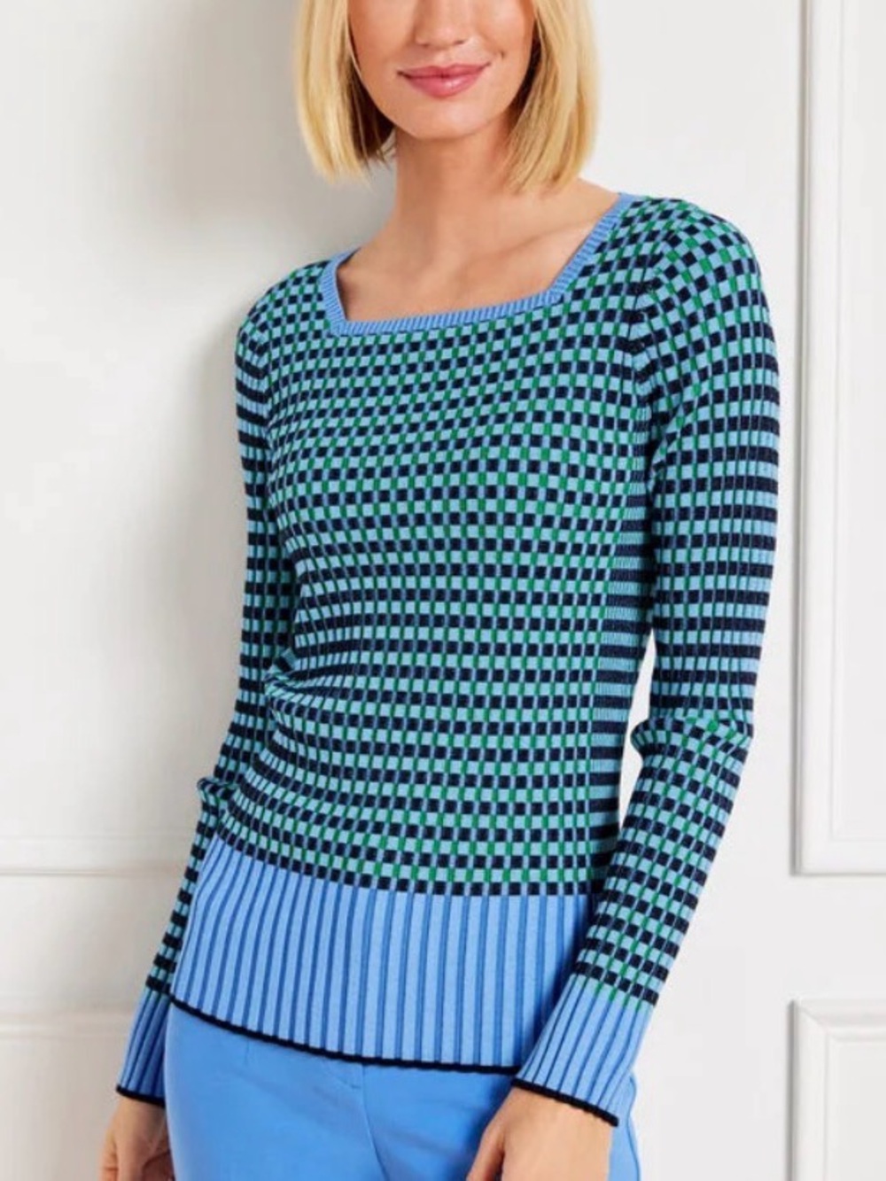 Talbots | Blue/Green Ribbed Plaited Stripe Check Square-Neck Sweater Sz Medium
